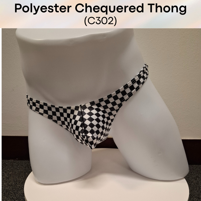 Men's Thong: Polyester Black & White Chequered Thong with 3D Pouch (C302)