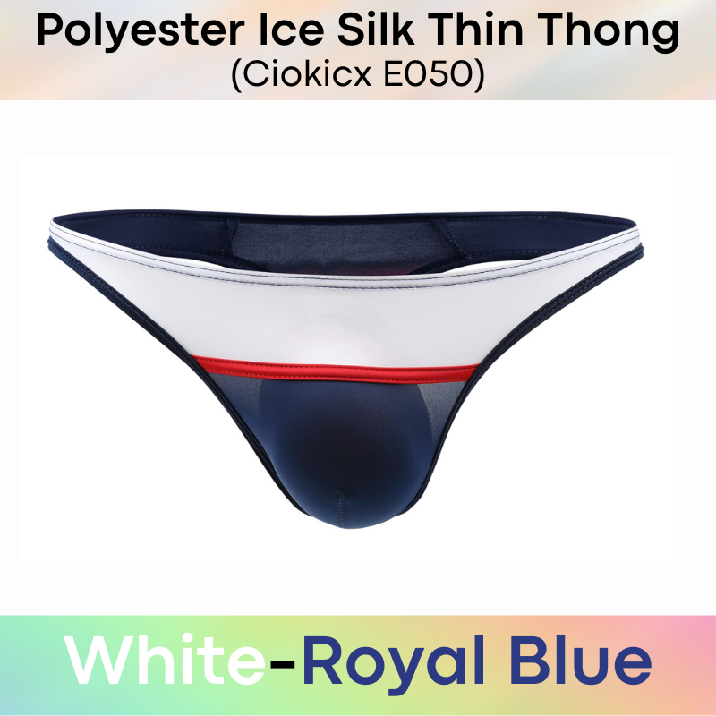 Men's Thong: Polyester Ice Silk Low Waist Thong with Dual Color Horizontal Strip (E050)