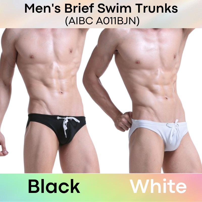 Men's Swimwear: Polyester Plain Swimming Brief Trunks with Drawstring (A011BJN)