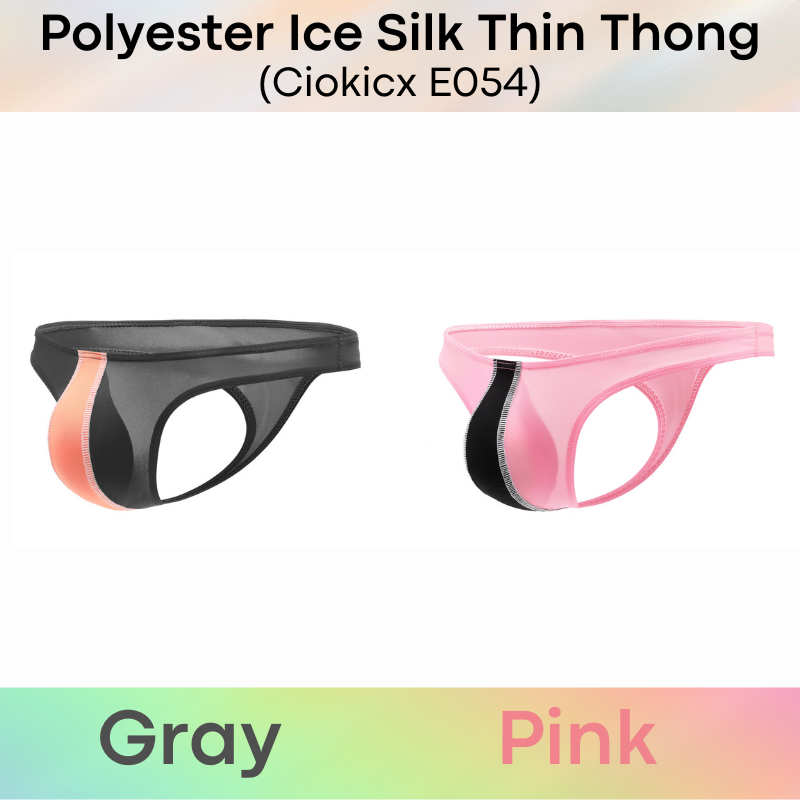 Men's Thong: Polyester Ice Silk Low Waist Thong with Dual Color Vertical Strip (E054)