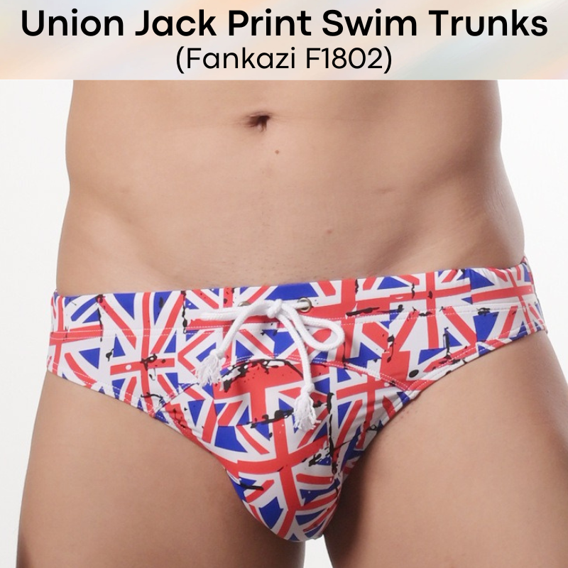 Mens Swimwear: Polyester Union Jack Print Swim Brief Trunks with Drawstring and Modesty Sponge (F1802UK)