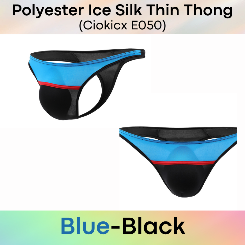 Men's Thong: Polyester Ice Silk Low Waist Thong with Dual Color Horizontal Strip (E050)