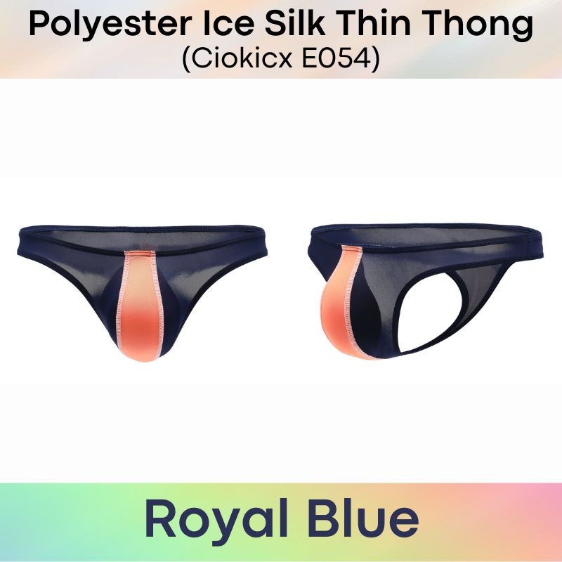 Men's Thong: Polyester Ice Silk Low Waist Thong with Dual Color Vertical Strip (E054)