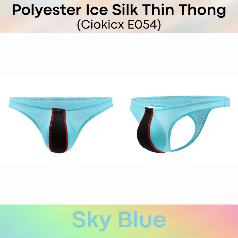 Men's Thong: Polyester Ice Silk Low Waist Thong with Dual Color Vertical Strip (E054)