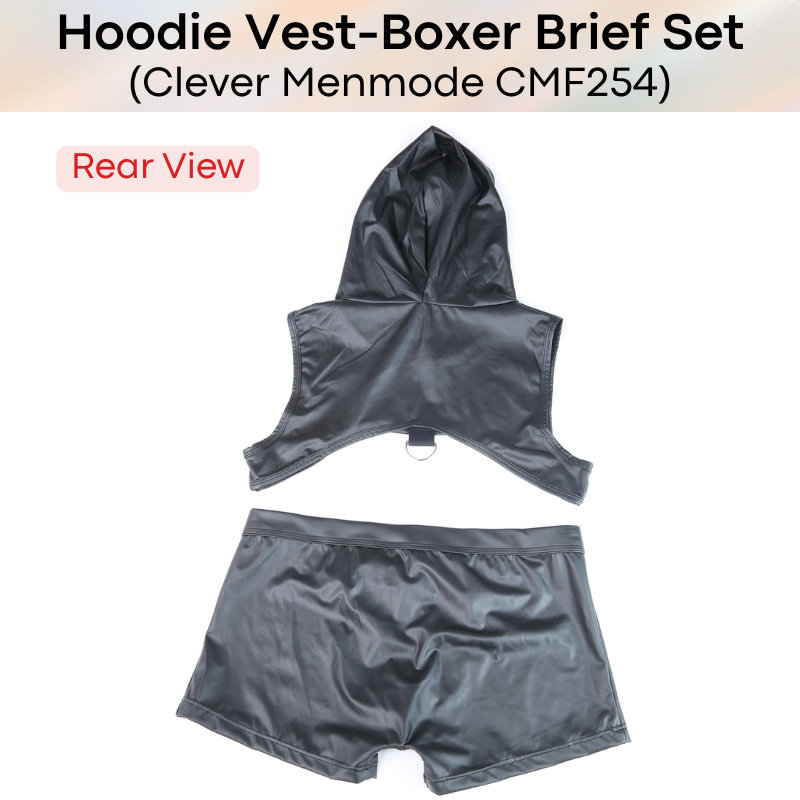 Men's Boxer/Vest: Polyester Faux Leather Hoodie Cropped Vest Top and Boxer Brief Trunks Set (CMF254)