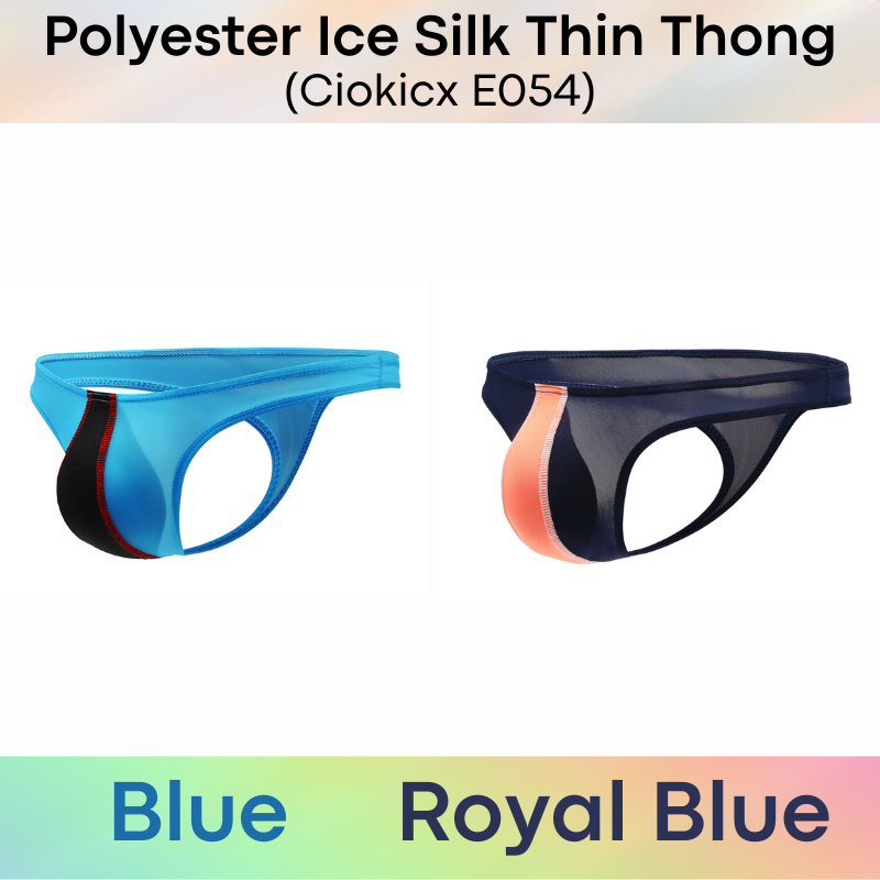 Men's Thong: Polyester Ice Silk Low Waist Thong with Dual Color Vertical Strip (E054)