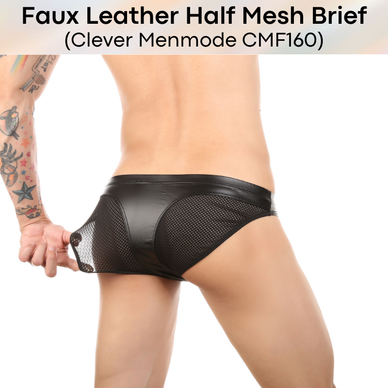 Men's Brief: Faux Leather Partial Mesh Brief (CMF160)