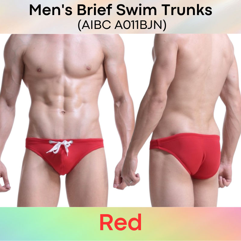 Men's Swimwear: Polyester Plain Swimming Brief Trunks with Drawstring (A011BJN)