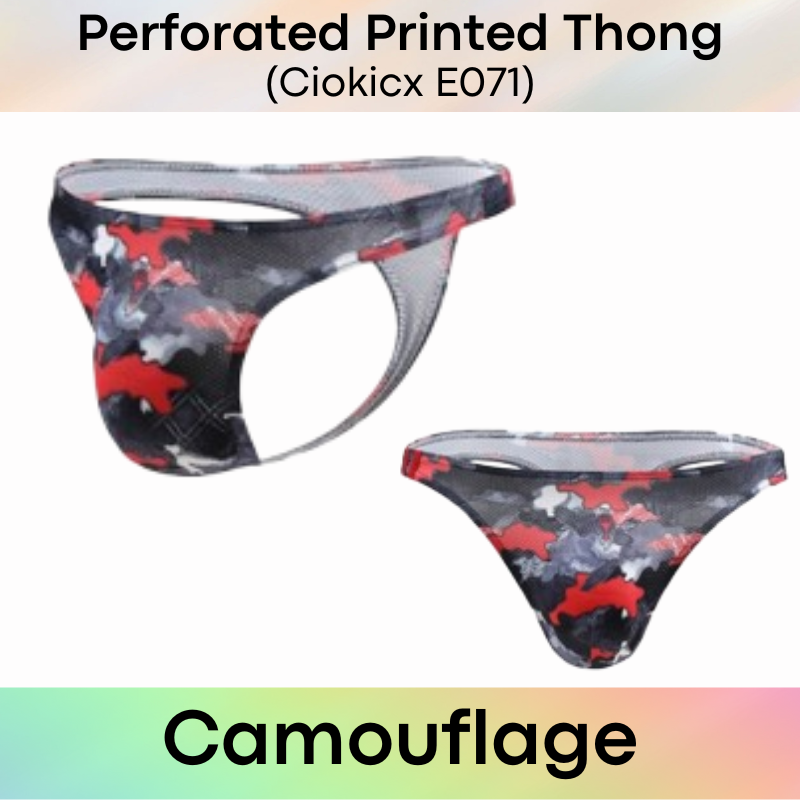 Men's Thong: Polyester Printed Thong with Perforated Air Holes (E071)