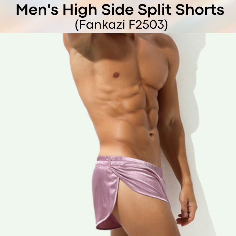 Men's Shorts : High Split Silky Shorts with Inner Jockstrap (Fankazi F2503)
