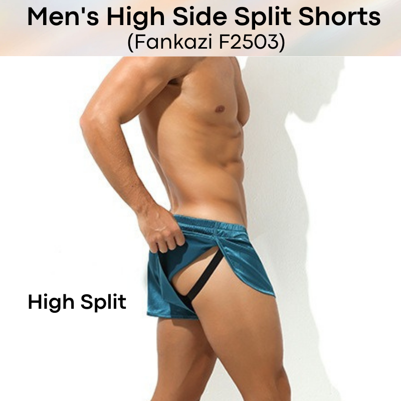 Men's Shorts : High Split Silky Shorts with Inner Jockstrap (Fankazi 2503)