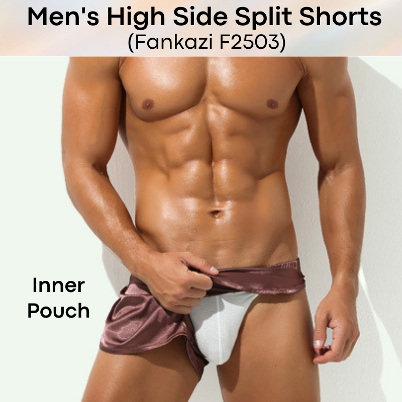 Men's Shorts : High Split Silky Shorts with Inner Jockstrap (Fankazi F2503)