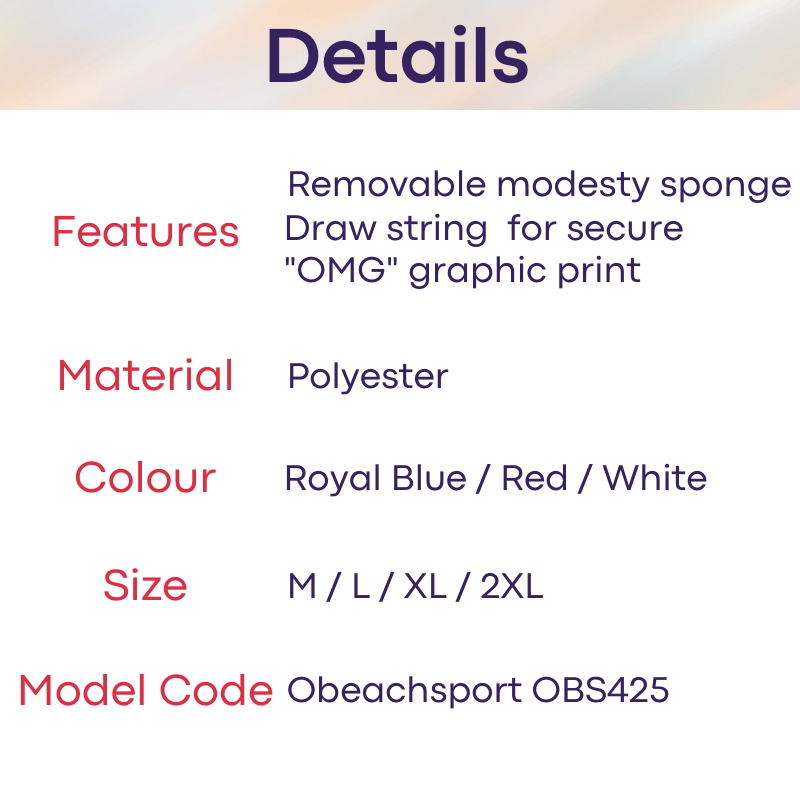 Men's Swimwear : "OMG" Print Draw String Bikini Brief Swim Trunks with Removable Modesty Padding (Obeachsport OBS425)