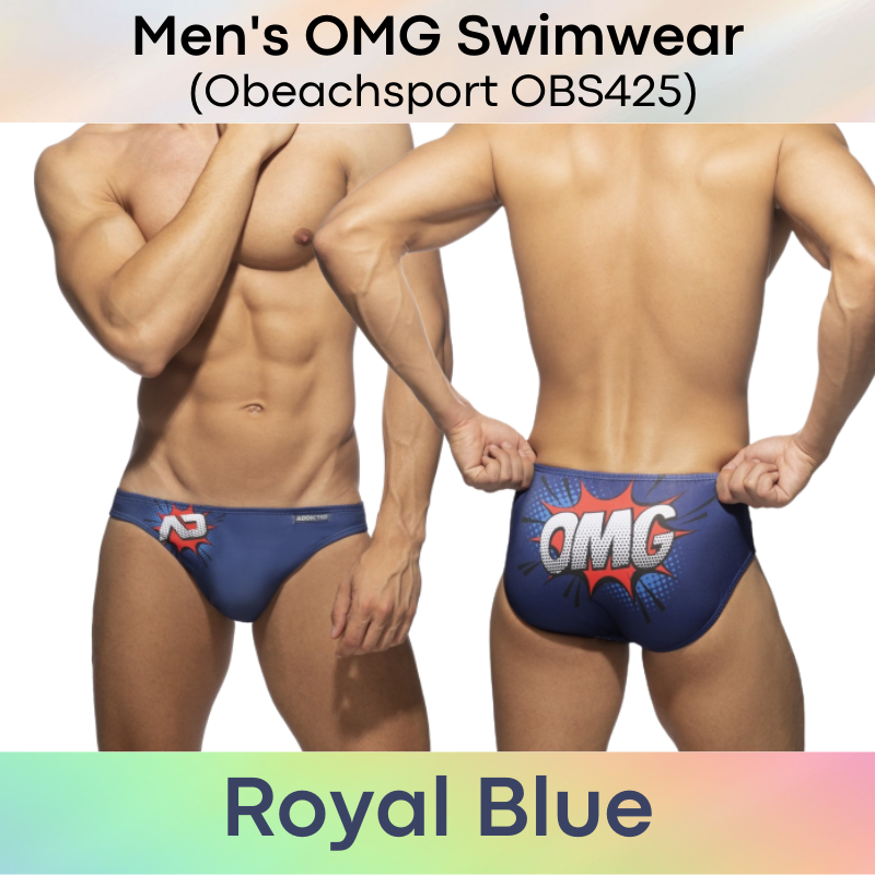 Men's Swimwear : "OMG" Print Draw String Bikini Brief Swim Trunks with Removable Modesty Padding (Obeachsport OBS425)