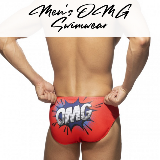 Men's Swimwear : "OMG" Print Draw String Bikini Brief Swim Trunks with Removable Modesty Padding (Obeachsport OBS425)