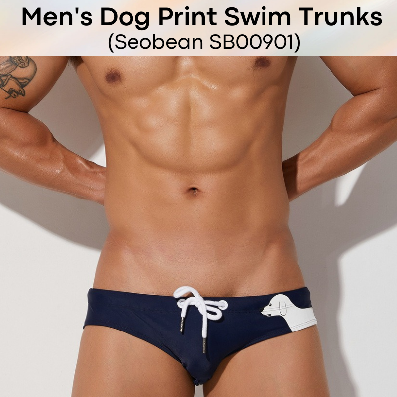 Men's Swimwear : Dog Print Brief Swim Trunks (Seobean SB00901)