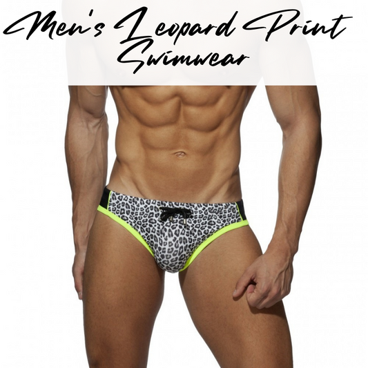 Men's Swimwear : Leopard Print Brief Swim Trunks with Removable Modesty Padding (Obeachsport OBS242)