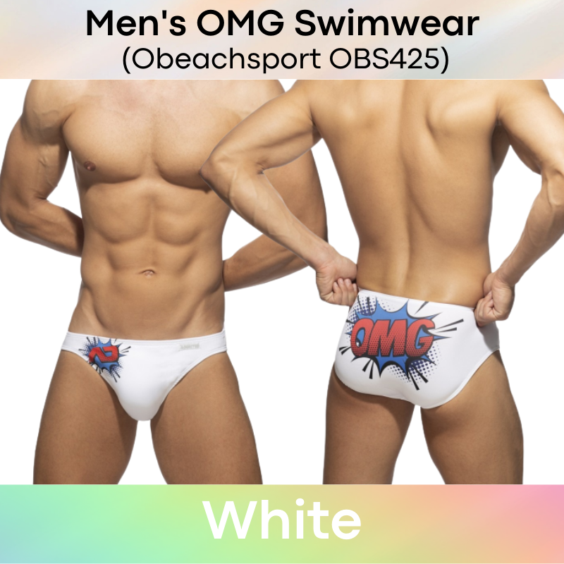Men's Swimwear : "OMG" Print Draw String Bikini Brief Swim Trunks with Removable Modesty Padding (Obeachsport OBS425)