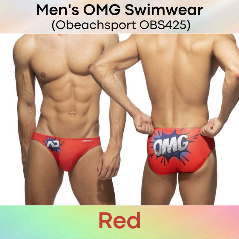 Men's Swimwear : "OMG" Print Draw String Bikini Brief Swim Trunks with Removable Modesty Padding (Obeachsport OBS425)