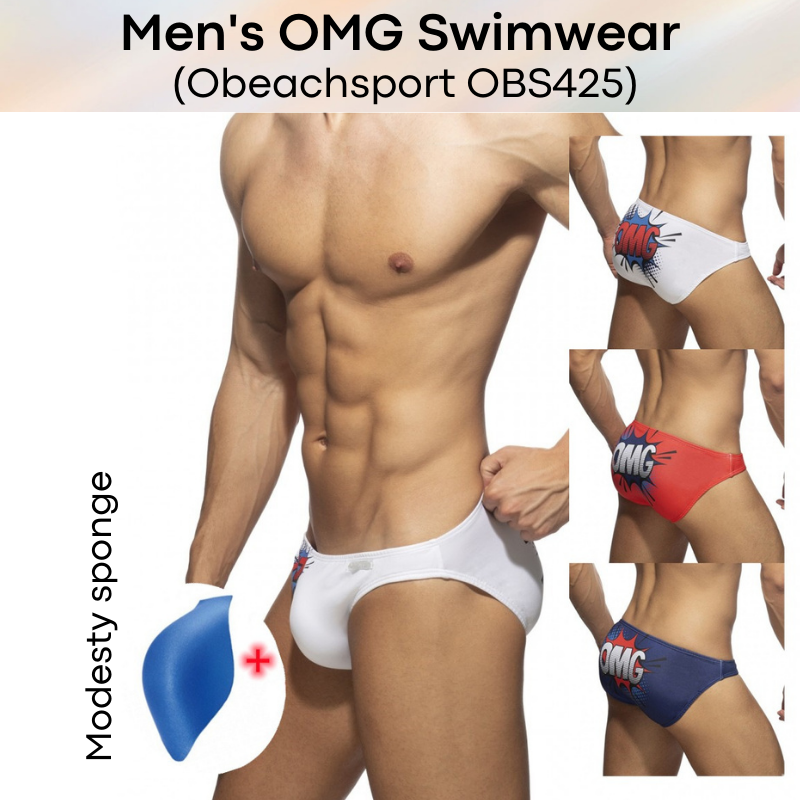 Men's Swimwear : "OMG" Print Draw String Bikini Brief Swim Trunks with Removable Modesty Padding (Obeachsport OBS425)