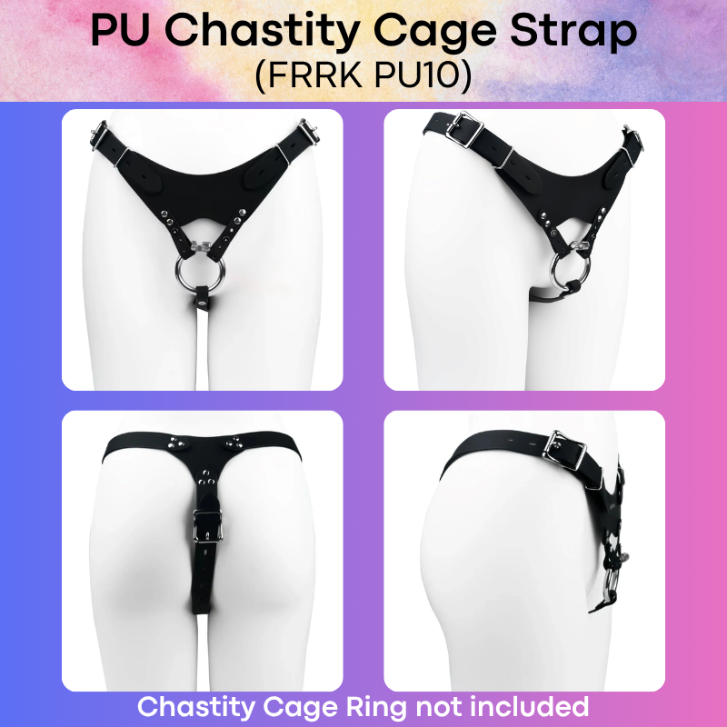 Adult Toy: Men's PU Chastity Cage Thong Strap with Lockable Belt and Tamper Proof Screw (FRRKPU10)