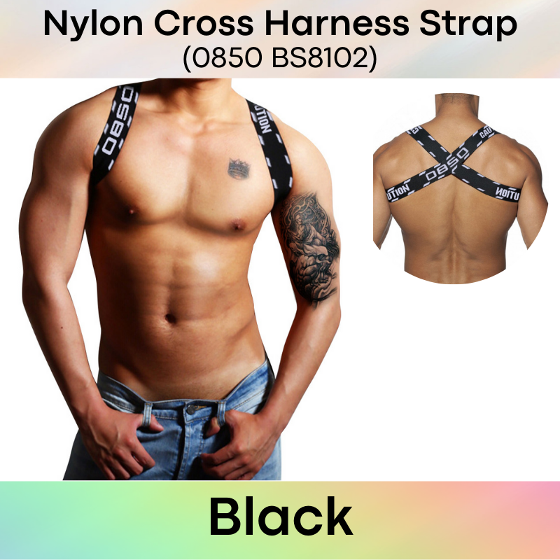 Men's Strap: Nylon Spandex Harness Back Cross Strap with Embroidered Logo/Text "0850 Caution" (BS8102)