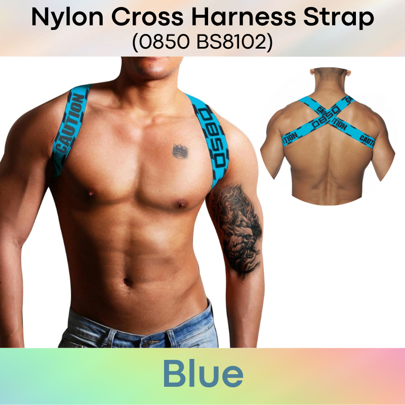 Men's Strap: Nylon Spandex Harness Back Cross Strap with Embroidered Logo/Text "0850 Caution" (BS8102)
