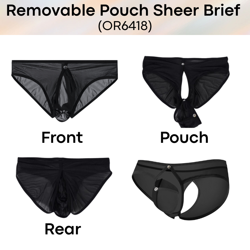 Men's Brief: Nylon Sheer Brief with Removable Pouch and Rear Mid Split Opening (OR6418)