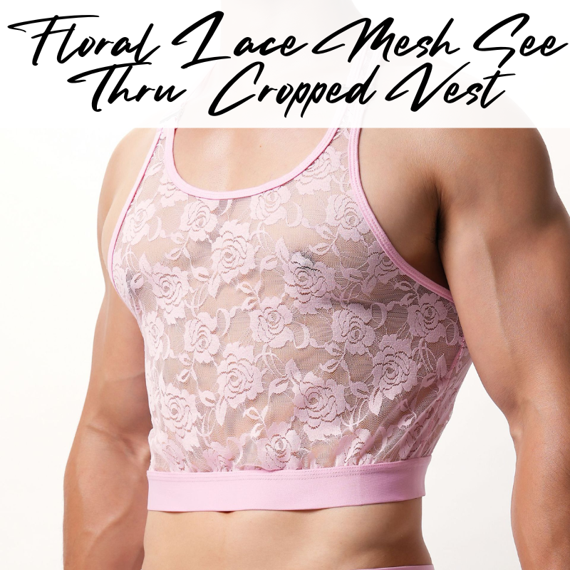 Men's Inner Tee: Polyester Floral Lace Mesh See Through Cropped Inner Vest with Removable Clip Underwear (E202)
