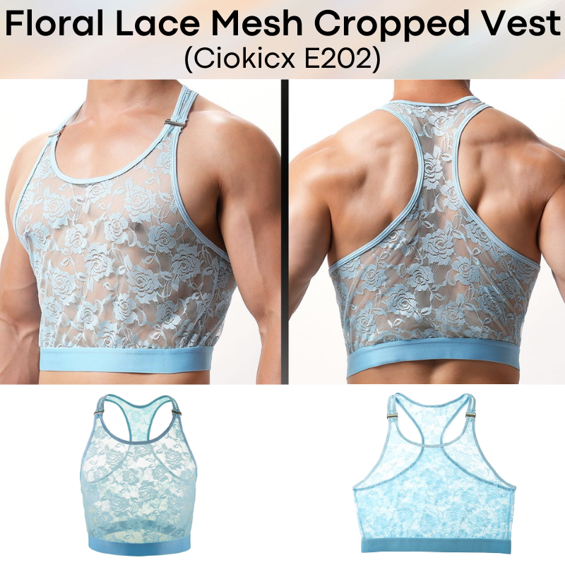 Men's Inner Tee: Polyester Floral Lace Mesh See Through Cropped Inner Vest with Removable Clip Underwear (E202)