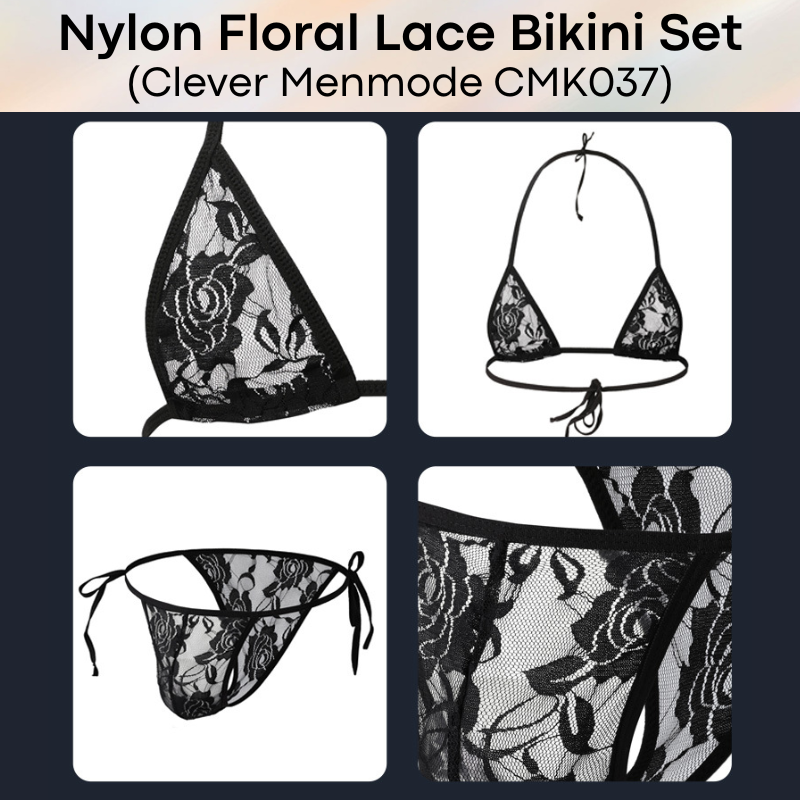 Men's Brief: Floral Lace Bikini Top and Bottom Brief Set (CMK037)