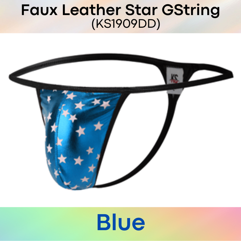 Men's GString: Polyester Faux Leather Star Print Design GString Underwear (KS1909DD)