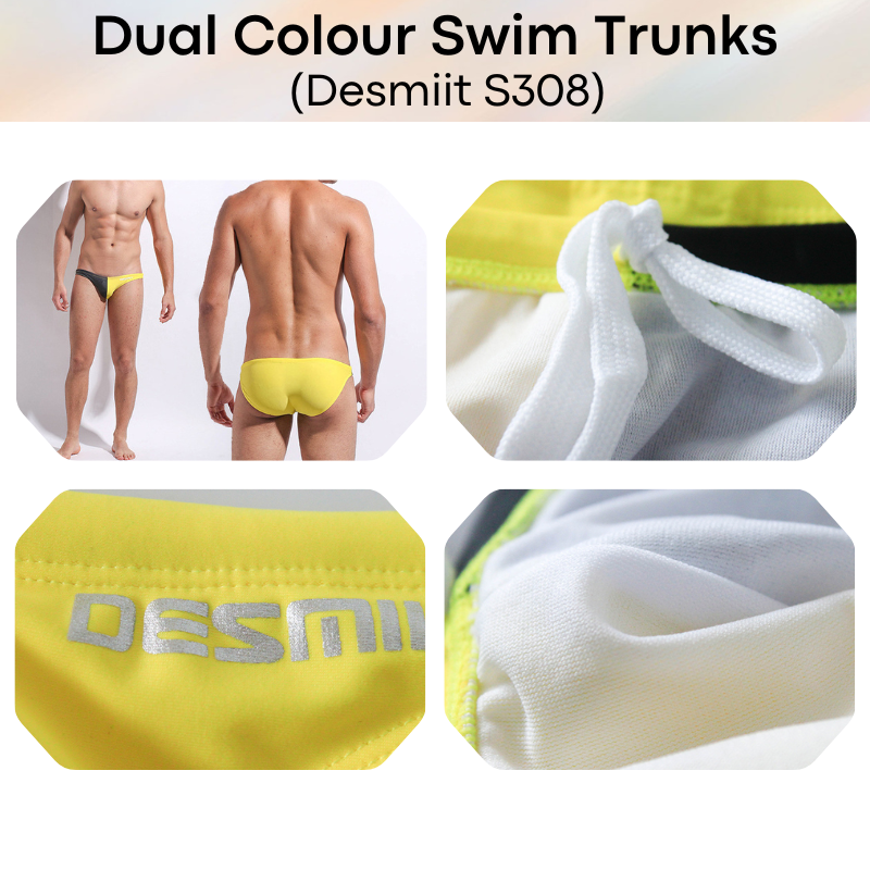Men's Swimwear: Nylon Bikini Style Swimming Trunks with Symmetrical, Dual Colour Design and Drawstring (S308)
