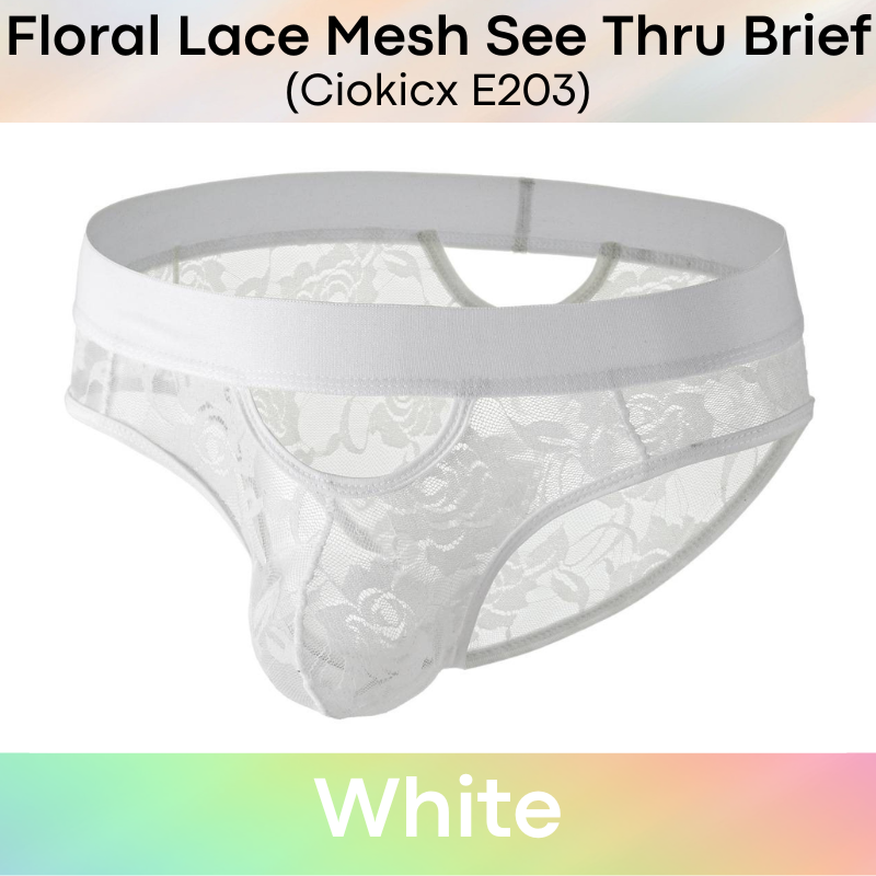 Men's Brief: Polyester Floral Lace Mesh See Through Brief Underwear (E203)