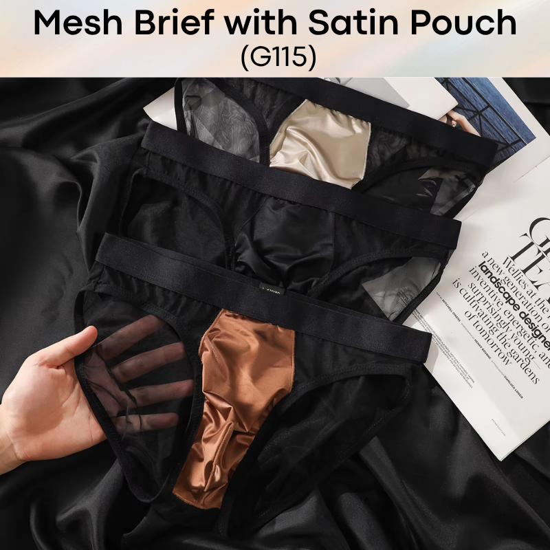 Men's Brief: Polyester Mesh See Through Brief with Satin Pouch Underwear (G115)