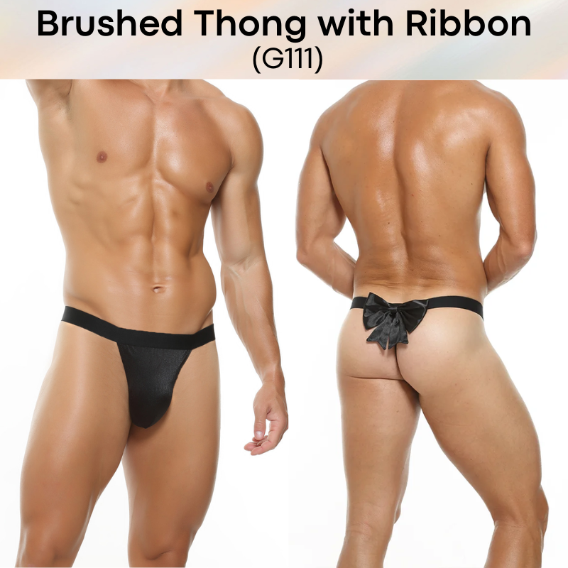 Men's Thong: Polyester Metallic Brushed Pouch with Rear Removable Ribbon Thong Underwear (G111)