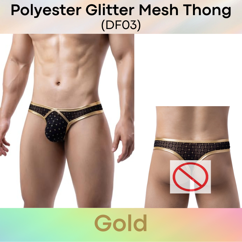 Men's Thong: Polyester Mesh Thong with Glittery Embellishment and Faux Leather Trimmings (DF03)
