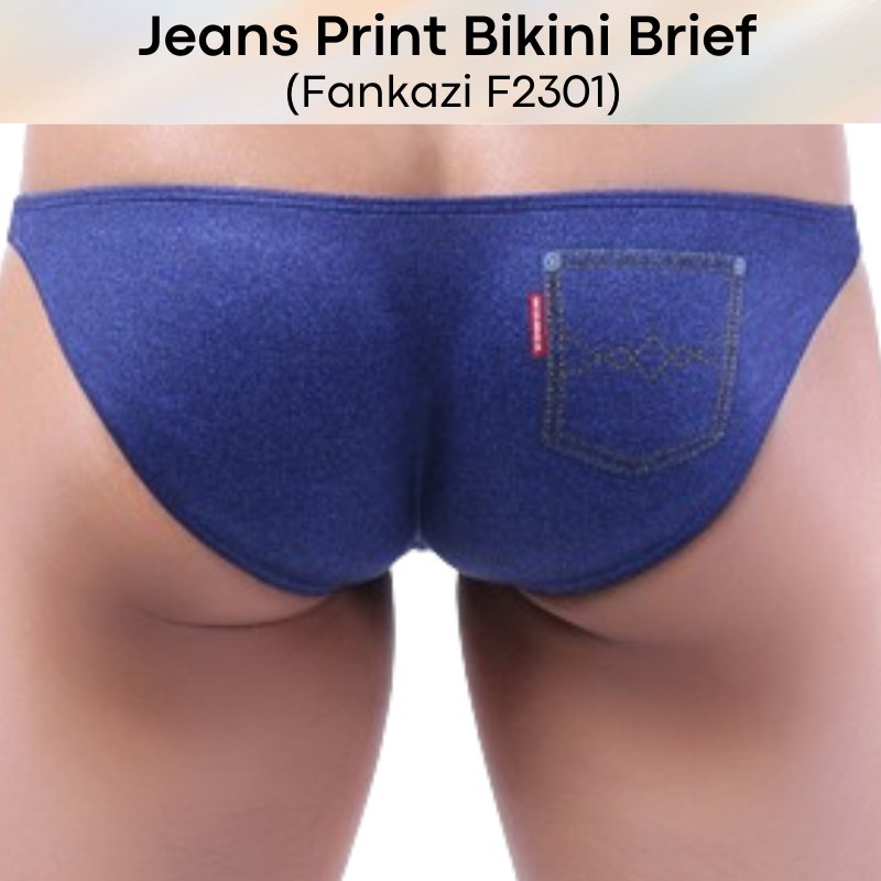 Men's Brief: Polyester Jeans Print Bikini Brief Underwear (F2301)