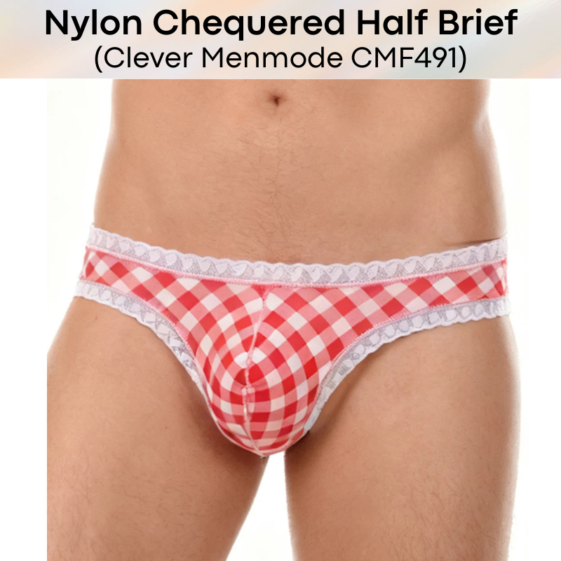 Men's Brief: Nylon Thin Chequered Half Brief with Lace Trimming (CMF491)