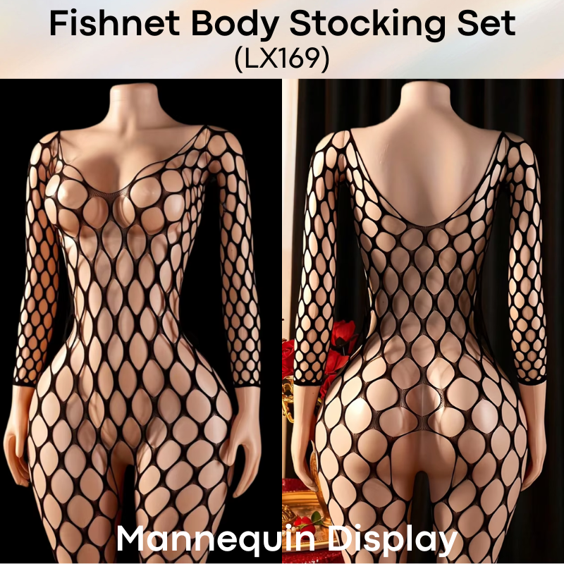 Unisex Underwear: Polyester Fishnet Web Body Stocking with Mesh GString Underwear and Blindfold Set (LX169)