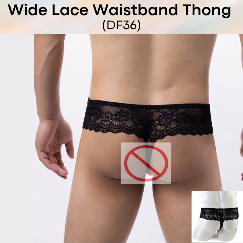 Men's Thong : Polyester Wide Lace Waistband with Mesh Pouch Thong (DF36)