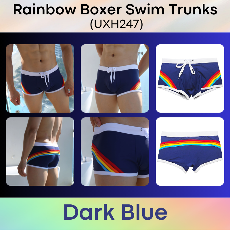 Men's Swim Trunks: Polyester Rainbow Sewn-on Boxer Brief Swimming Trunks (UXH247)