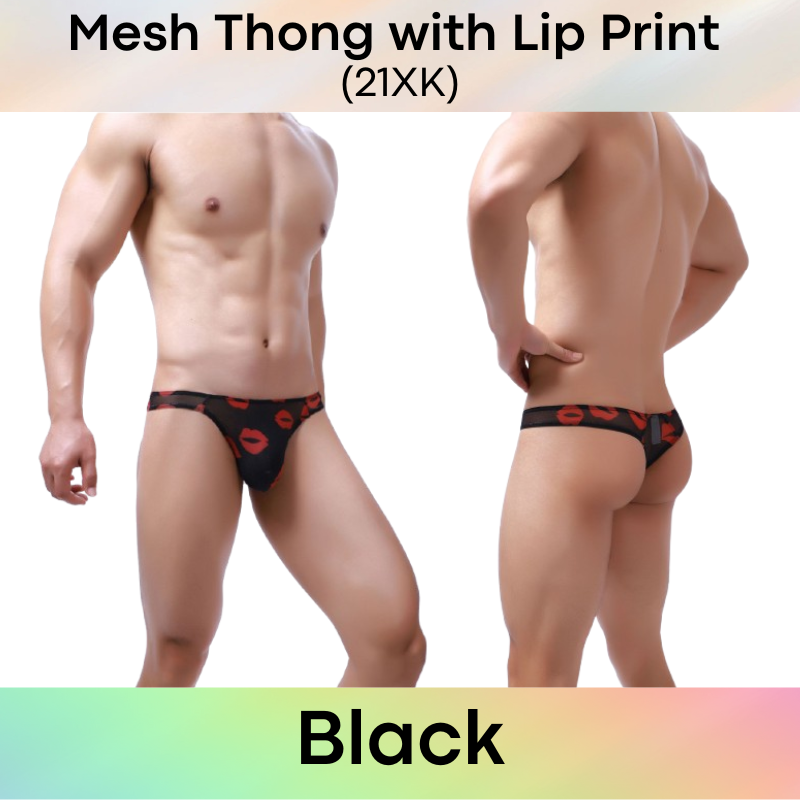 Men's Thong : Polyester Mesh Thong with Lip Print (21XK)