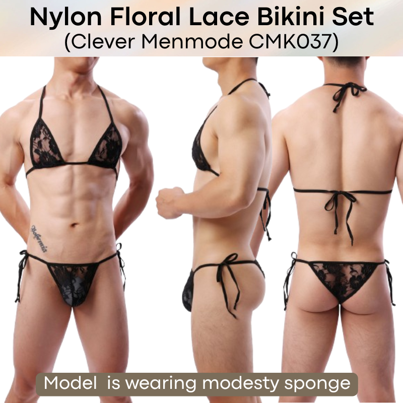 Men's Brief: Floral Lace Bikini Top and Bottom Brief Set (CMK037)