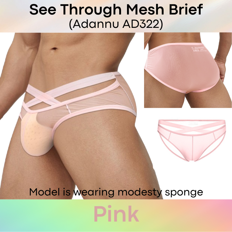 Men's Brief: Nylon See Through Thin Mesh Brief with Front Waist Strap (AD322)