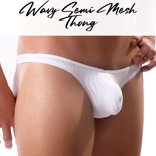 Men's Thong : Wavy Line Semi Mesh Super Low Waist Protruding Pouch Underwear (F2006)
