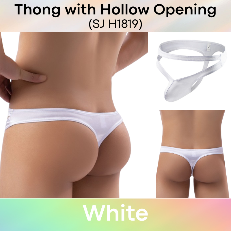 Men's Thong : Nylon Thong with Hollow Front Opening and Additional Front Waistband (SJ H1819)