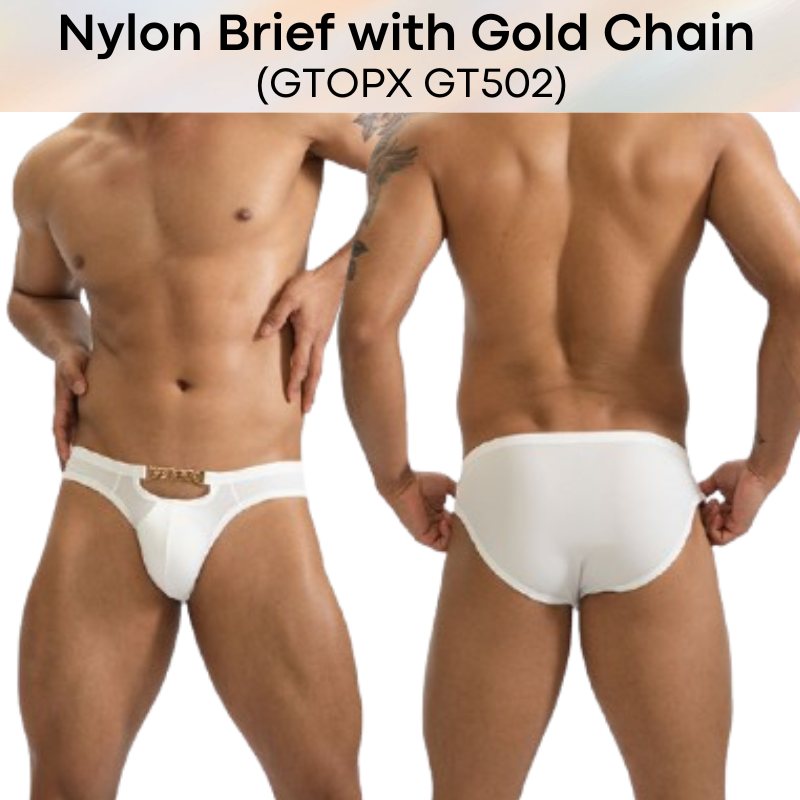 Men's Brief: Nylon Brief with Gold Metal Chain Accessory (GT502)