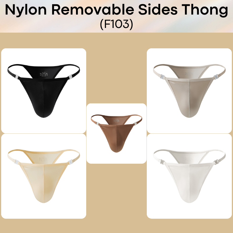 Men's Thong: Nylon Satin-Like Shiny Wide Thong with Removable Side Clip Buckle (F103)