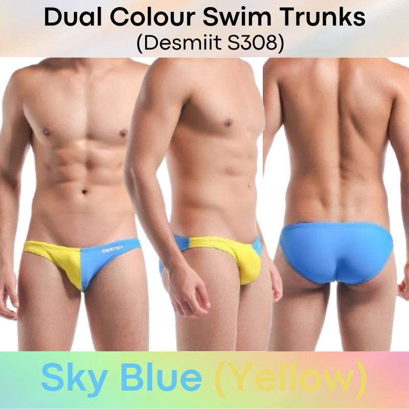 Men's Swimwear: Nylon Bikini Style Swimming Trunks with Symmetrical, Dual Colour Design and Drawstring (S308)